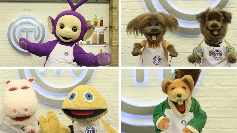(Clockwise from top) Tinky Winky, Dodge and Hacker T Dog, Basil Brush and George and Zippy from Rainbow are "set to invade the hallowed MasterChef kitchen of presenters John Torode and Gregg Wallace" this Friday night on BBC One