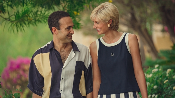 Khalid Abdalla as Dodi Fayed and Elizabeth Debicki as Diana in season six of The Crown