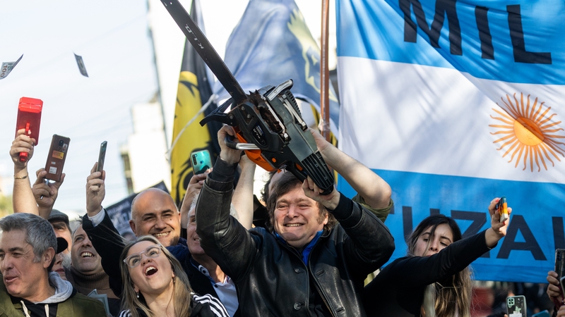 Javier Milei often appeared on stage at rallies with a chainsaw, vowing to slash public spending by 15%