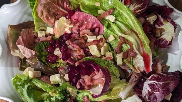 Warm salad of Gubbeen cheese and bacon - "Mother and Son Salad" – with spiced cranberries.
