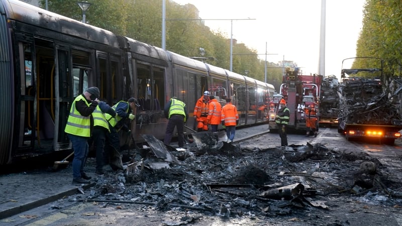 The Luas tram was burned out during the riots on 23 November