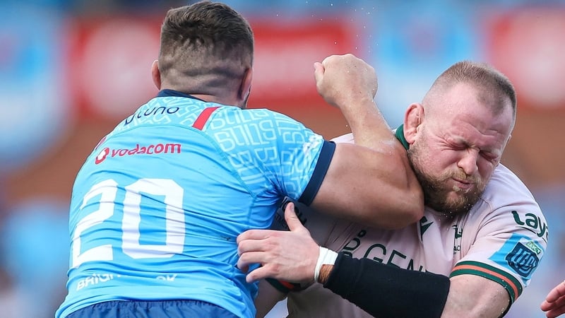 Joe Joyce of Connacht (R) is tackled by Cyle Brink in Pretoria