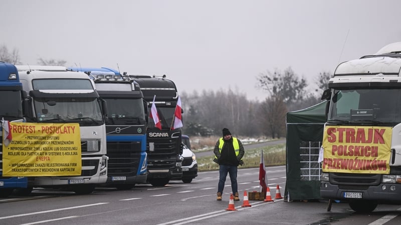A Polish truck driver stands at a protest point on the Dorohusk Polish Ukrainian border crossing