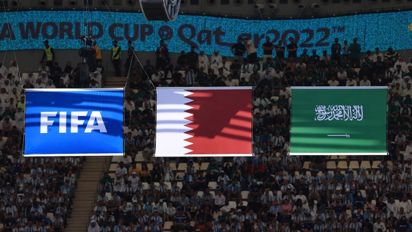 FIFA, Qatar and Saudi Arabia flags in the Lusail Stadium during the World Cup match between eventual champions Argentina and Saudi Arabia on 22 November 2022