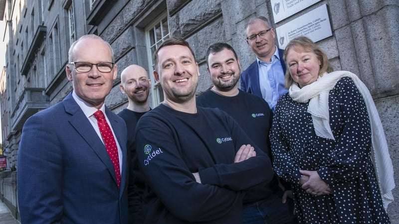 Minister Simon Coveney, Gary Fagan, Matthew Conlon, Conor Flannery of Cytidel, Barry Brennan, Venture Partner at Elkstone and Anna-Marie Turley, Department Manager of Entrepreneurship HPSU Operations at Enterprise Ireland.