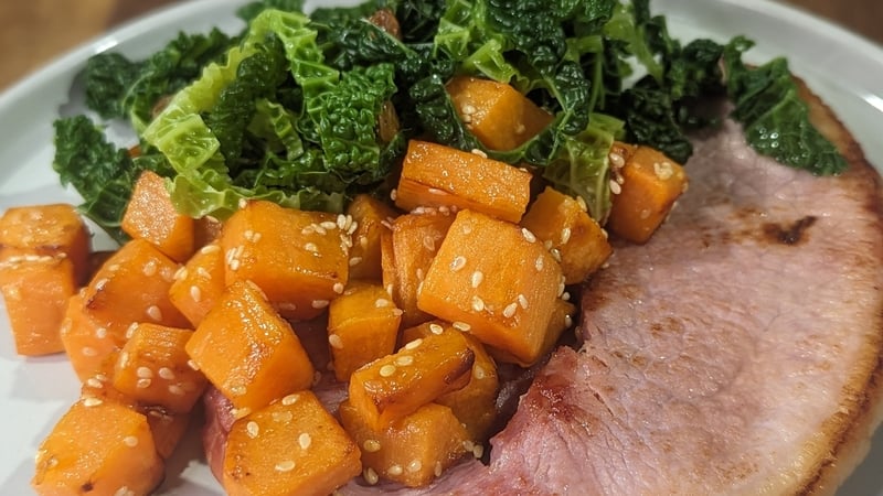 Paul Flynn's grilled gammon with gingery cabbage and sweet sesame roasties:
