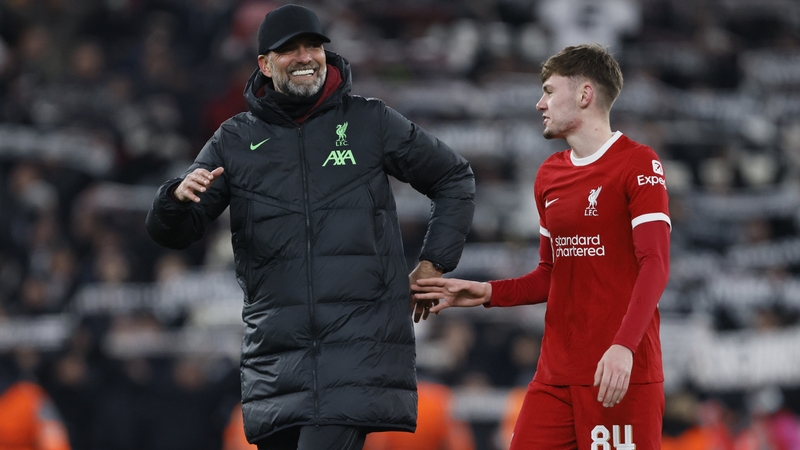 Jurgen Klopp and Tyrone native Conor Bradley after the game at Anfield