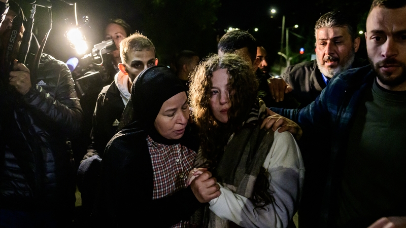Ahed Tamimi (centre) is greeted by relatives during a welcome ceremony following the release of Palestinian prisoners from Israeli jails in exchange for Israeli hostages held in Gaza by Hamas