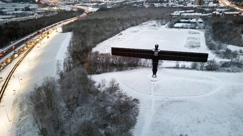 The Angel of the North statue in Gateshead covered in snow