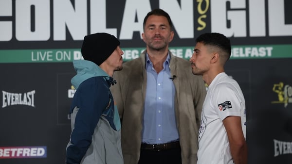 Michael Conlan (L), Eddie Hearn (C) and Jordan Gill in Belfast on Thursday