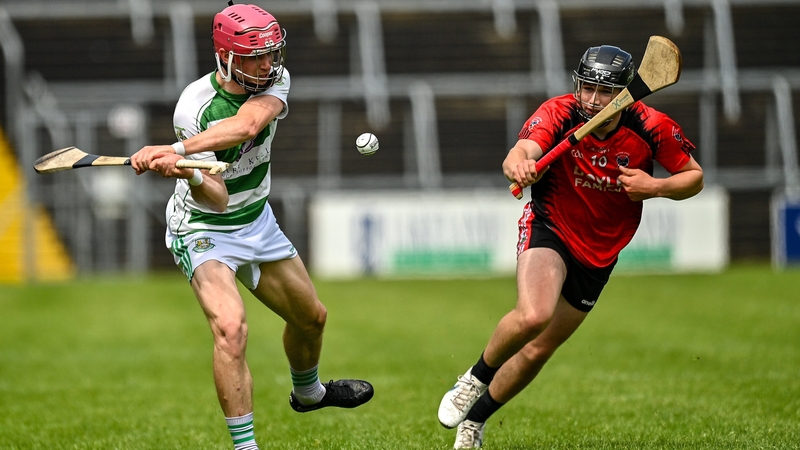 Seán Hodgins of St Fechin's in action against Donnchadh O'Brien of Naomh Eoin during the 2023 CúChulainn Hurling League Division 2 final
