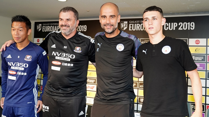 Ange Postecoglou - pictured 
as manager of Yokohama F.Marinos in 2019 - ahead of pre-season friendly against Man City in 2019, the only occasion the two managers have crossed paths. Also pictured are Takuya Kida and City's Phil Foden