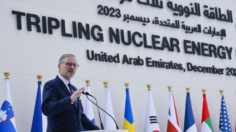 Czech Republic's Prime Minister Petr Fiala speaks during the Tripling Nuclear Energy by 2050 session at COP28