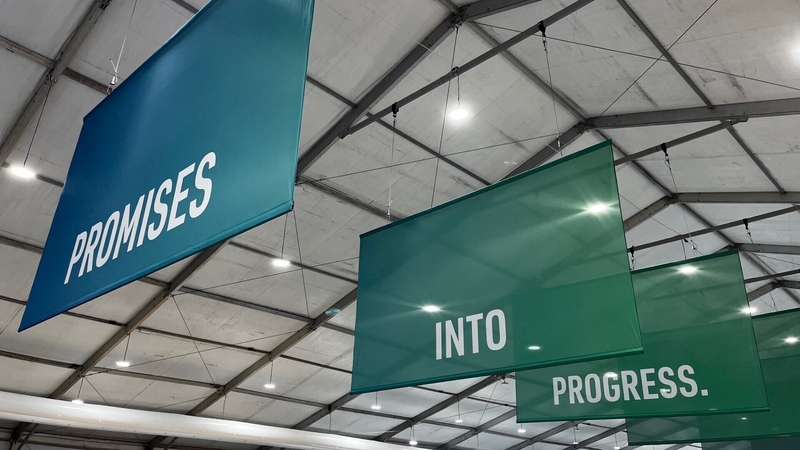 Inspirational signs are hung in the exhibition centre in Dubai