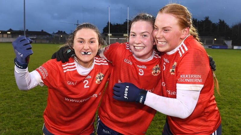 Kilkerrin-Clonberne players, from left, Chloe Costello, Hannah Noone and Katelyn Mee celebrate after their extra-time victory