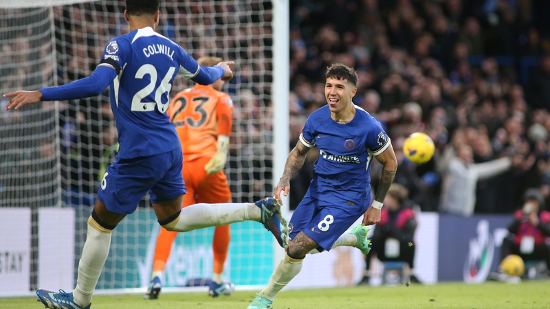 Enzo Fernandez celebrates scoring Chelsea's third goal against Brighton
