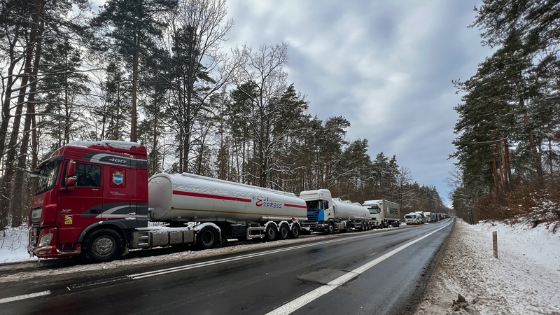 Ukrainian trucks blocked by Polish protesters on the road near the Polish Ukrainian border crossing Hrebenne on Friday
