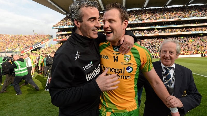 Jim McGuinness (R) and Michael Murphy after Donegal's 2012 All-Ireland success