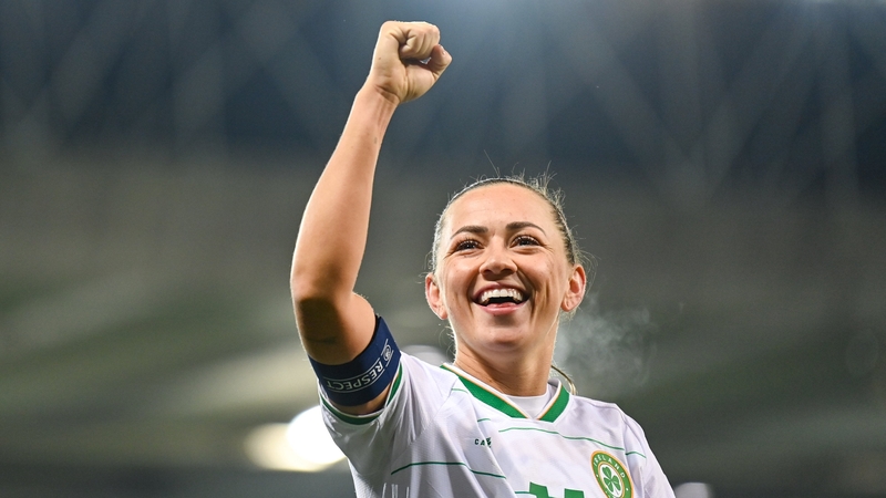 Republic of Ireland captain Katie McCabe salutes the visiting supporters