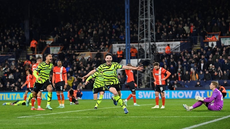 Declan Rice celebrates his last-gasp winner at Luton