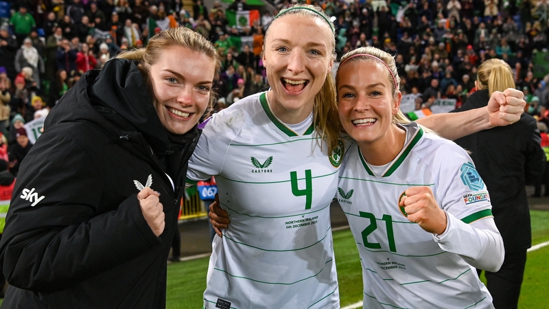 (L to R): Saoirse Noonan, Louise Quinn and Lily Agg celebrate the Republic of Ireland's win at Windsor Park