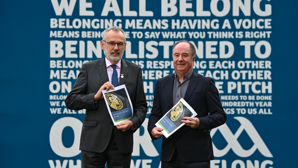 GAA president Larry McCarthy, left, and chairman of the CCCC Derek Kent pictured at the 2024 master fixture plan launch at Croke Park
