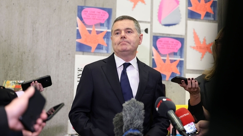 Minister Paschal Donohoe speaking to reporters in Dublin this afternoon