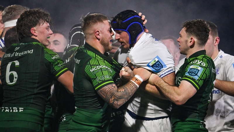 Ryan Baird (right) locks horns with Connacht's Sean Jansen in Saturday's win at the Sportsground