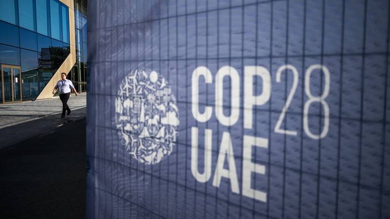 A COP28 sign at a venue in Dubai, United Arab Emirates