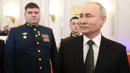 Russian President Vladimir Putin at a ceremony to present Hero of Russia gold stars at the Kremlin in Moscow