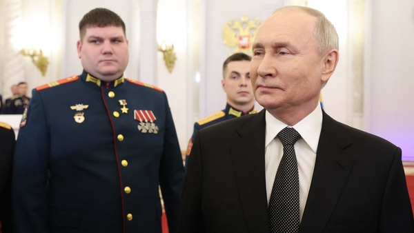 Russian President Vladimir Putin at a ceremony to present Hero of Russia gold stars at the Kremlin in Moscow