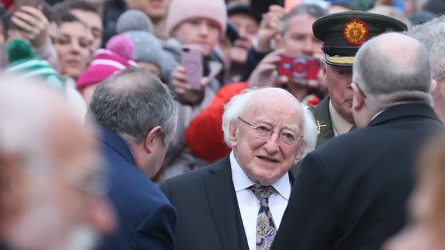 President Higgins outside St Mary's of the Rosary Church in Nenagh, ahead of the funeral of Shane MacGowan (pic: RollingNews.ie)