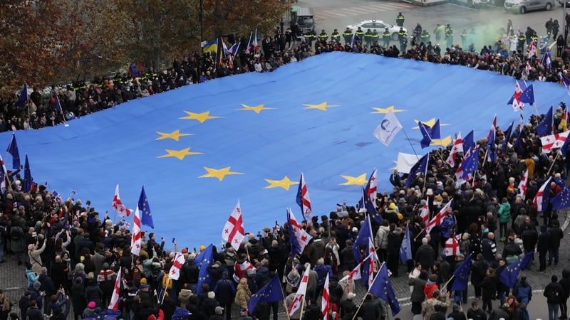 A huge EU flag in support of Georgia's EU membership bid in Tbilisi, Georgia
