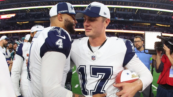 Dallas Cowboys signal-caller Dak Prescott and place- kicking maestro Brandon Aubrey celebrate their team's win over the the Philadelphia Eagles