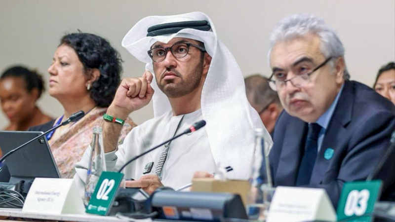 COP28 President Sultan Al Jaber (C) at Expo City Dubai yesterday