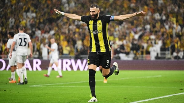 Karim Benzema celebrates his goal as Al-Ittihad won 3-0