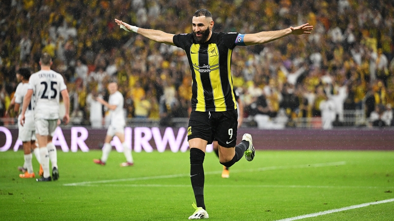 Karim Benzema celebrates his goal as Al-Ittihad won 3-0