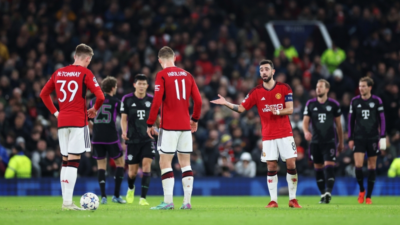 Man United captain Bruno Fernandes reacts after Kingsley Coman's goal at Old Trafford for Bayern Munich