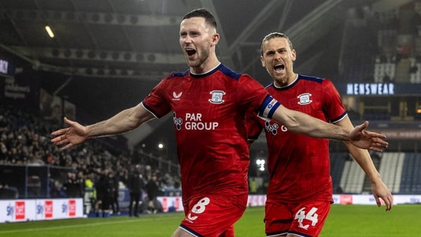 Preston North End's captain Alan Browne celebrates his goal in the win over Huddersfield
