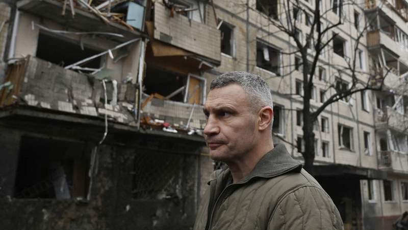 Kyiv's mayor Vitali Klitschko inspects damage following a missile strike in Kyiv