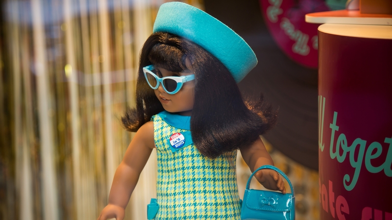 A Melody Ellison Doll displayed in the window of an American Girl Place store on 5th Avenue in New York