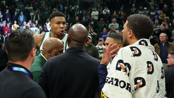 Giannis Antetokounmpo, known as the Greek Freak, exhanges words with Tyrese Haliburton