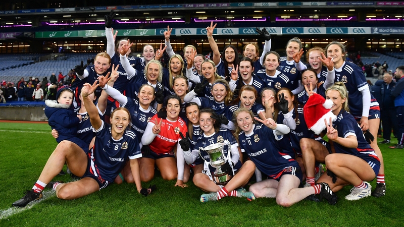 Kilkerrin-Clonberne players celebrate with the cup after the 2022 currentaccount.ie LGFA All-Ireland Senior Club Football Championship Final match win over Donaghmoyne
