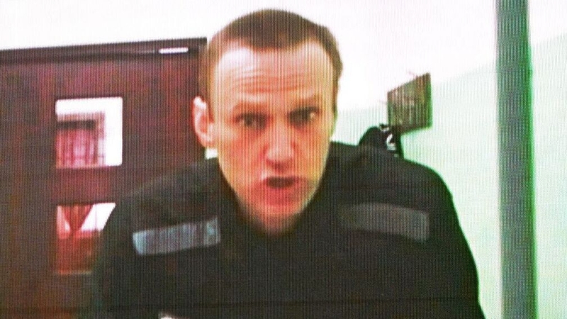 Alexei Navalny seen on a screen via a video link from his penal colony in June this year