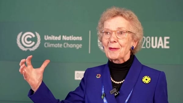 Mary Robinson speaking to reporters at COP28