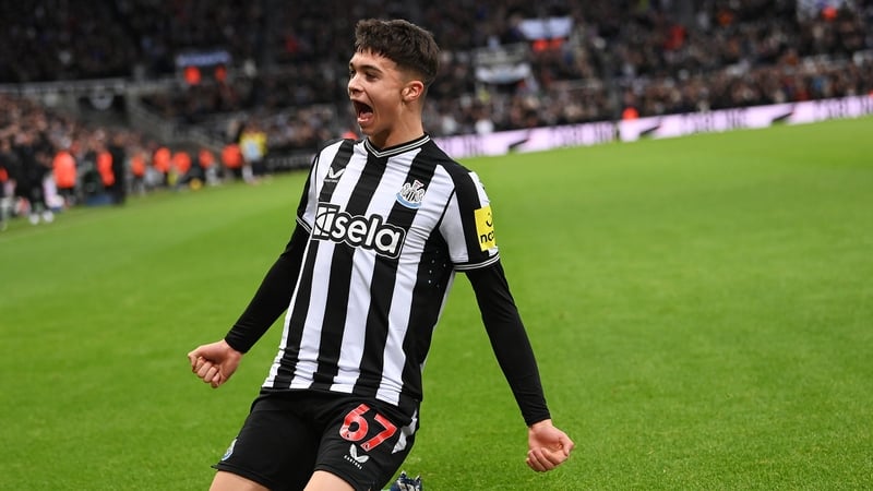 Teenage midfielder Lewis Miley celebrates after scoring for Newcastle