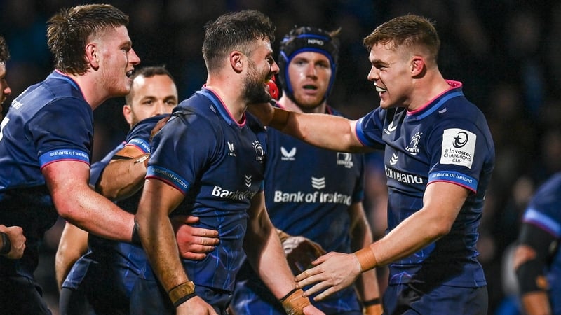 Robbie Henshaw, centre, scored the third of Leinster's five tries