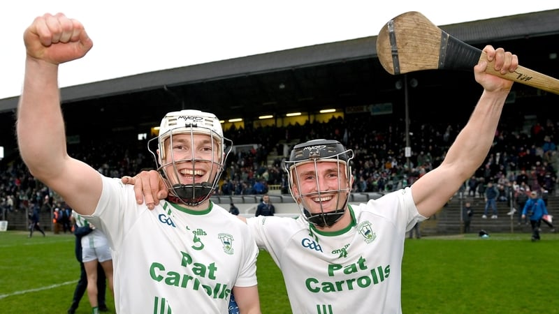 O'Loughlin Gaels players David Fogarty, left, and Mikey Butler celebrate after their side's victory