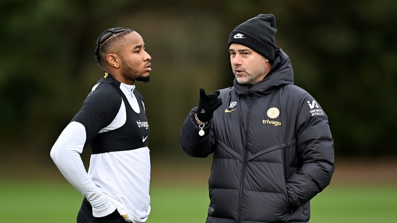 Christopher Nkunku and Mauricio Pochettino during Chelsea training on Monday