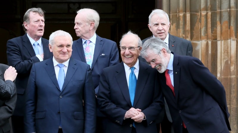 David Trimble (top left) was fascinated with Gerry Adams (bottom right). The two men were central to the signing of the Good Friday Agreement, the twentieth anniversary of which is celebrated here